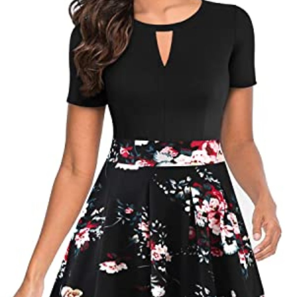YATHON A-line Swing Dress, size Large, black/floral